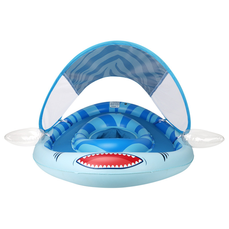 Asiento infláble para niños transfronterizos personalizados anillo de nadador de tiburón de PVC ajustable bolsillo antideslizante sombra solar
