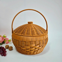 手工仿藤编圆形手提篮带盖子鸡蛋筐水果篮子野餐购物篮送礼篮家用