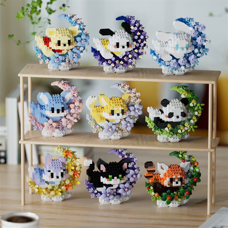 Chaolechuang8966 flores antes del mes de dibujos animados panda muñeca de bloques de construcción ensamblaje juguetes para niños adornos regalo del día del niño