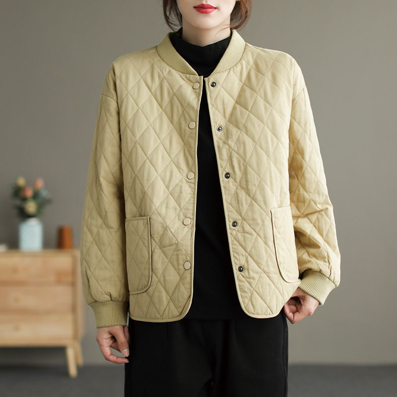 2025新款复古文艺冬季棒球领菱格夹棉棉衣宽松休闲棉服外套上衣女|undefined
