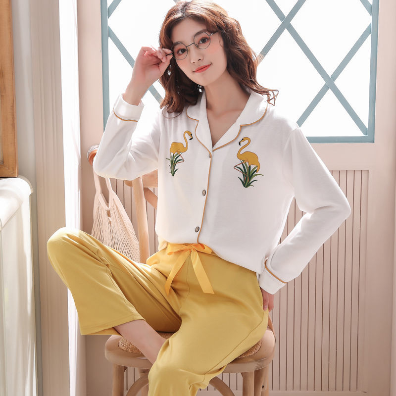 Algodón pijamas de primavera y otoño manga larga traje verano nuevo estudiante estilo coreano suelta desgaste dos