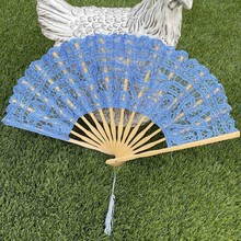 有现货  27CM宫廷复古竹木蕾丝折扇 旗袍走秀女扇高档白色婚礼扇