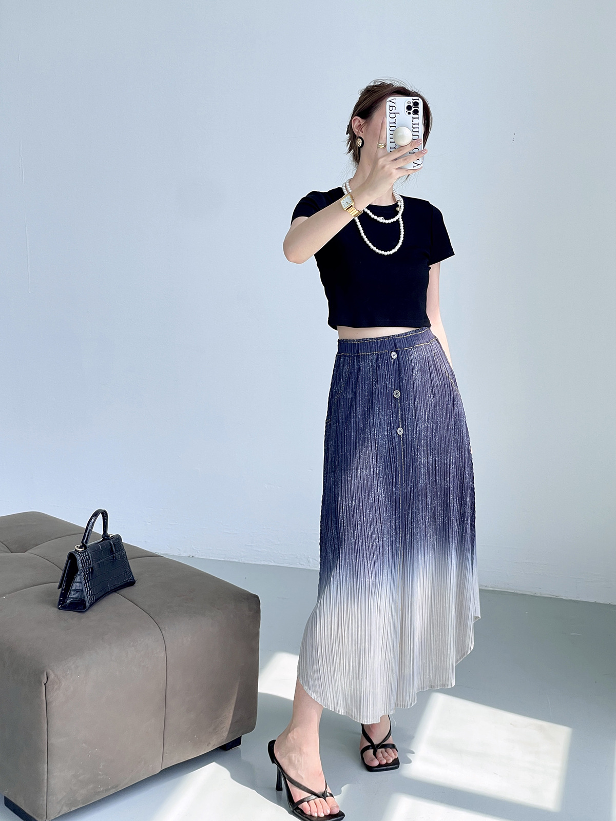 Chân váy xếp ly nữ cạp cao denim phối màu thời trang hè — Màu xanh lam