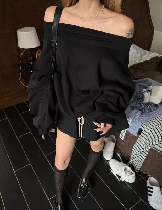 十三行2025早秋新款韩版时尚百搭显瘦斜肩长袖卫衣女宽松休闲上衣|undefined