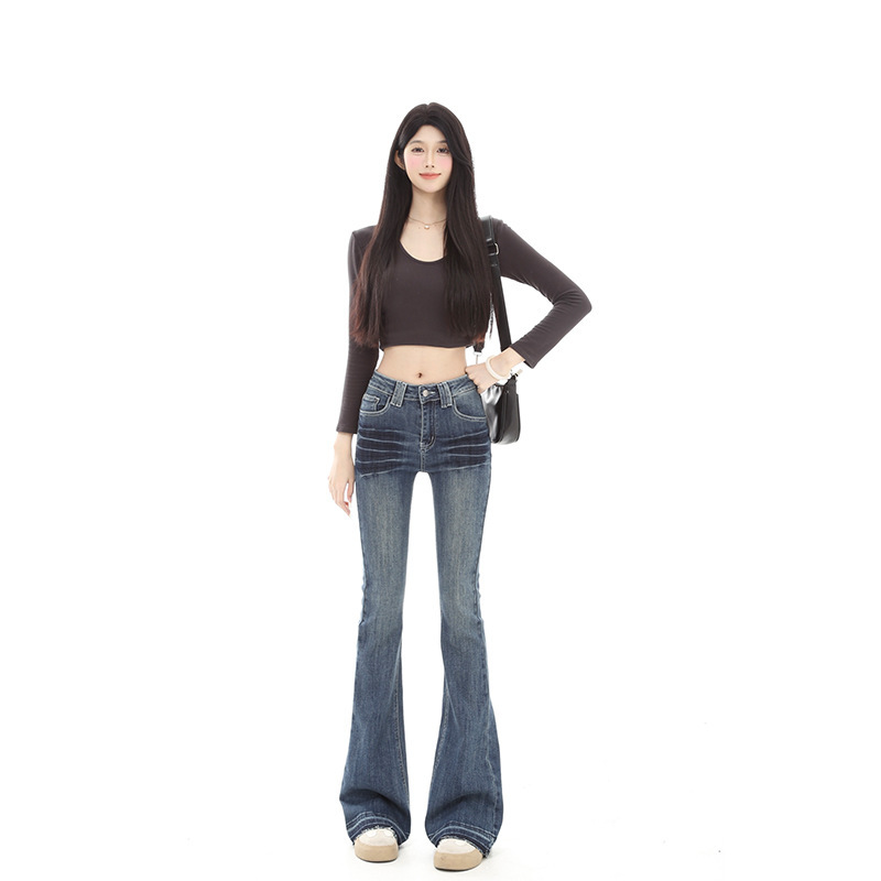 Spring and Autumn New Style American-Style Washed Low-Waist Jeans for Women, Suitable for Tall Individuals (175cm), Slim Fit, Flattering, Stretchy Flared Pants
