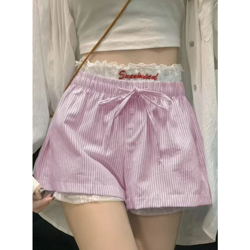 Foreign Trade 2025 New Blue Striped Shorts for Women Summer Design Drawstring High Waist Slimming Wide Leg Hot Pants Cross-Border