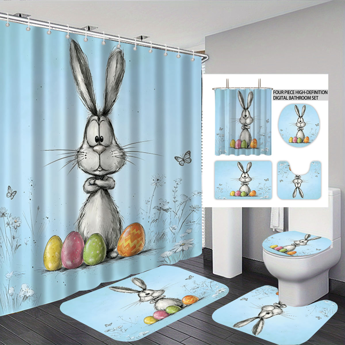 Tiktok poliéster cortina de baño impermeable conejo de Pascua sin perforación cortina de baño decoración cortina de baño cortina de cuatro piezas