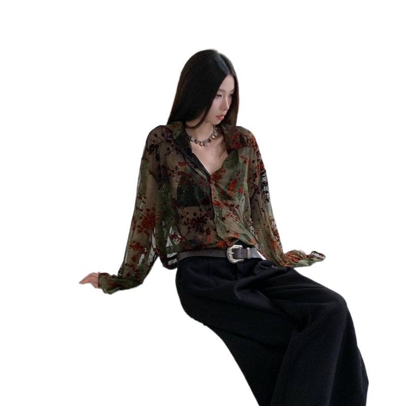 2025早秋日杂网纱植绒原创设计复古浪漫透明弹力打底男女长袖衬衫|undefined