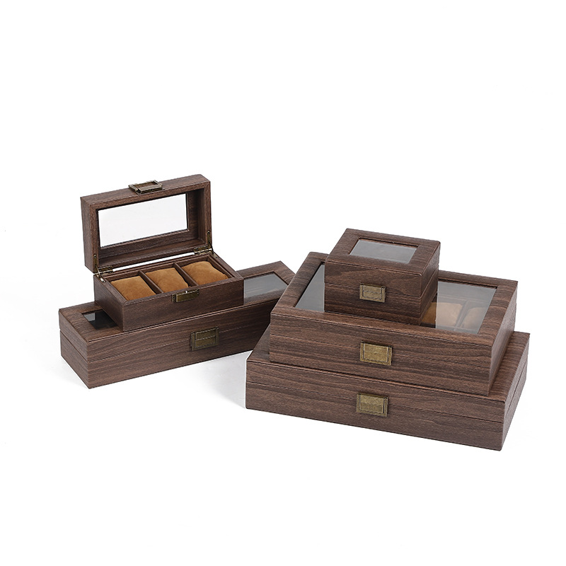 Wood Grain Leather Storage Box Jewelry Box 10-Position Watch Display Box Flip Cover with Lock Density Board Wood Simple Home Use