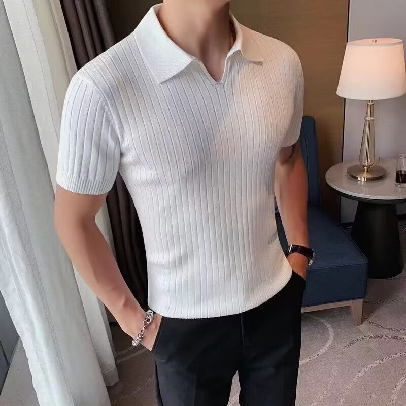 Lightweight Ribbed Knit Shirt for Men, Thin and Breathable, Slim Fit, Short-Sleeved, American Style, Cool Silk Thread Shirt for Muscular Men