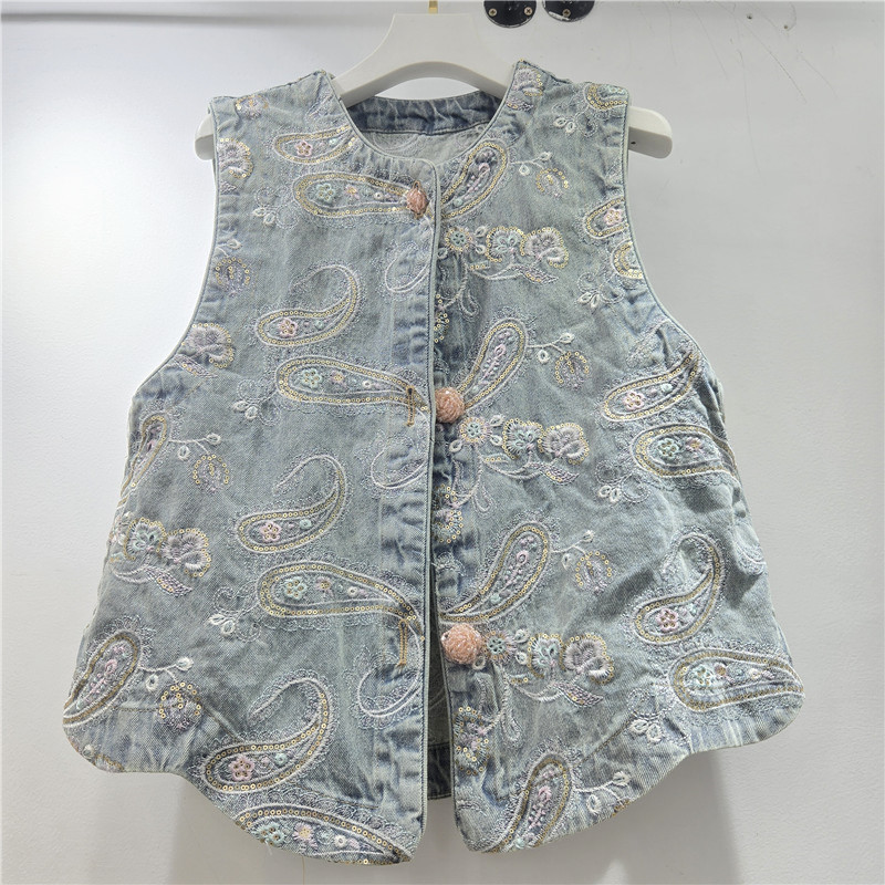 2026 primavera azul industria pesada bordada flor de anajuez chaleco denim de moda alta sensación de cuello redondo chaleco de hombro