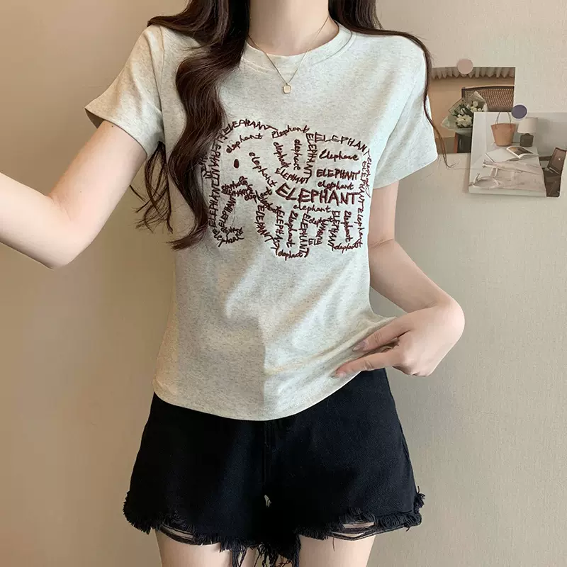 小象刺绣短袖t恤女时髦时尚洋气半袖2025夏季韩版圆领正肩上衣服