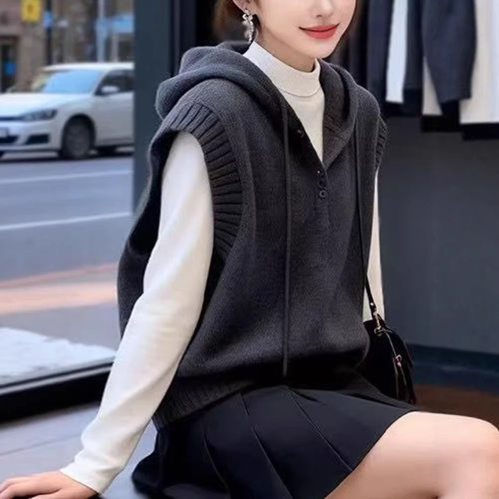 Plus-size women's clothing, Korean-style design hooded wool vest for women, new autumn and winter style, casual loose-fitting versatile top for plus-size ladies