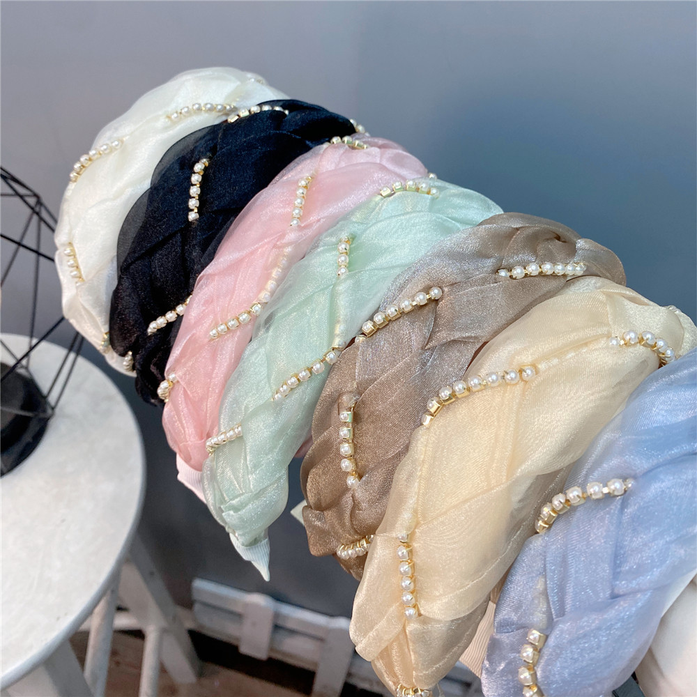 Organza Pearl Twist Solid Color Wide Edged Headband Korean Style Hair Accessories display picture 1