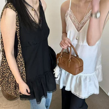 韩国东大门2025春夏新款法式优雅叠层蕾丝花边吊带上衣V领连衣裙