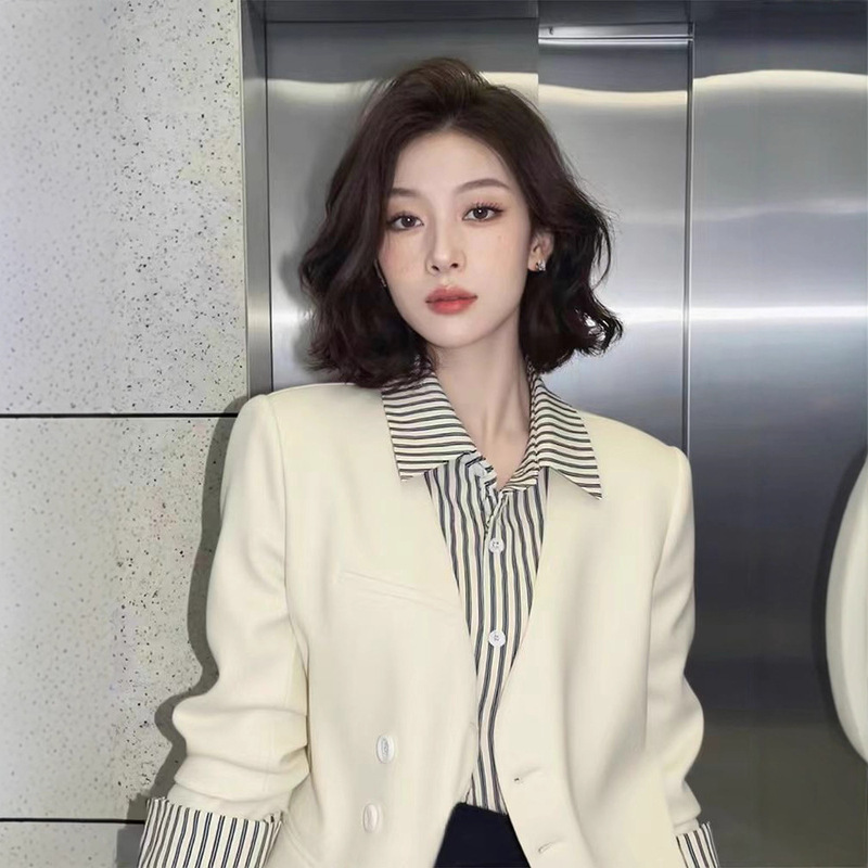 白色假两件条纹西装外套女2025新款秋气质高端独特超好看职业上衣|undefined