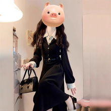 黑色假两件连衣裙子女秋冬季2025新款高级感教资面试通勤气质长裙