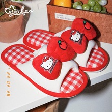 甜美HelloKitty棉麻拖鞋女四季三丽鸥网红休闲软底居家防臭防滑鞋