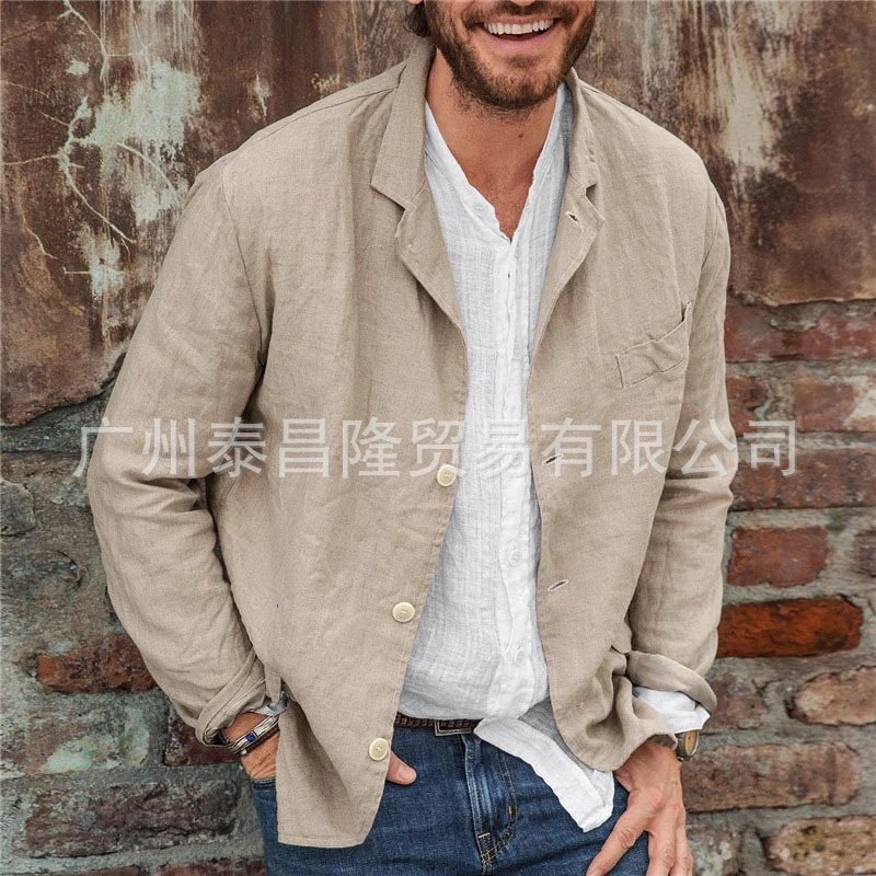 European and American Export Men's Spring & Fall Casual Loose Cotton and Linen Suit Pure Color Casual Jacket Men's Cardigan Long-Sleeved Top