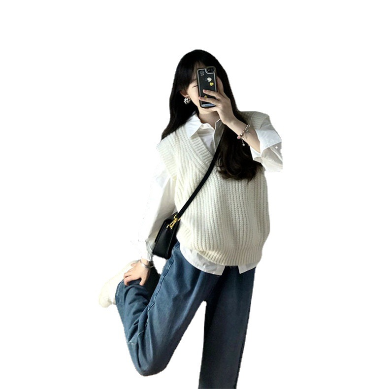 Chaleco de punto blanco apilado ropa de mujer primavera y otoño 2024 nuevo diseño suelto popular sentido cuello en V suéter chaleco superior image 7