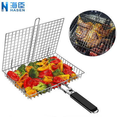 源头厂家不锈钢烧烤网烧烤篮方形大容量折叠烧烤网夹bbq basket|ms