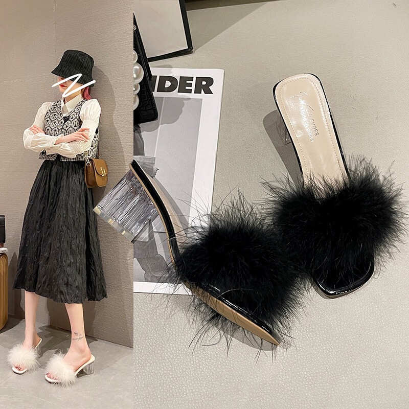 Fairy-Style Feather High-Heeled Sandals for Women, New Summer 2026 Model with Crystal Transparent Heels, Elegant Height-Increasing Slippers Fairy-Style Feather High-Heeled Sandals for Women, New Summer 2026 Model with Crystal Transparent Heels, Elegant Height-Increasing Slippers