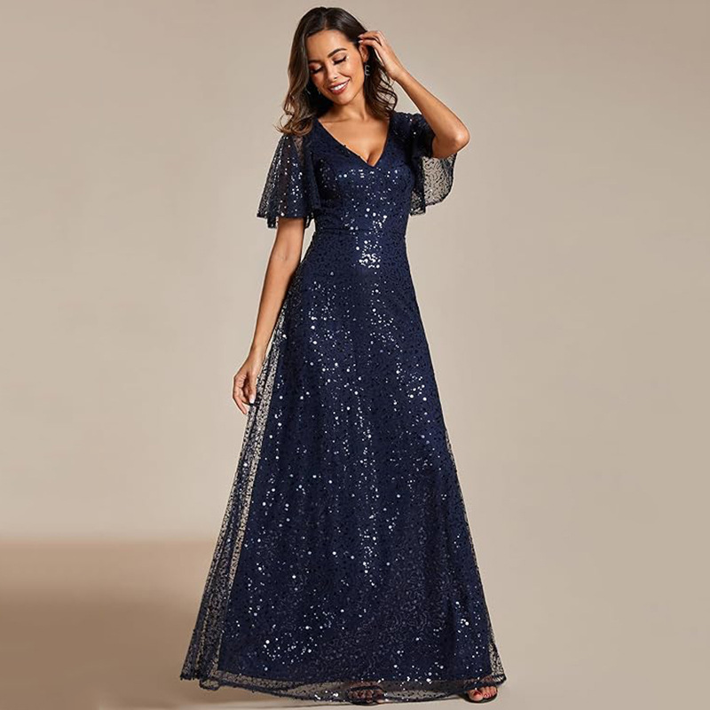 Cross-Border Evening Dress 2026 New Style European and American Plus Size for Chubby People, V-Neck, Ruffled Sleeves, Shiny