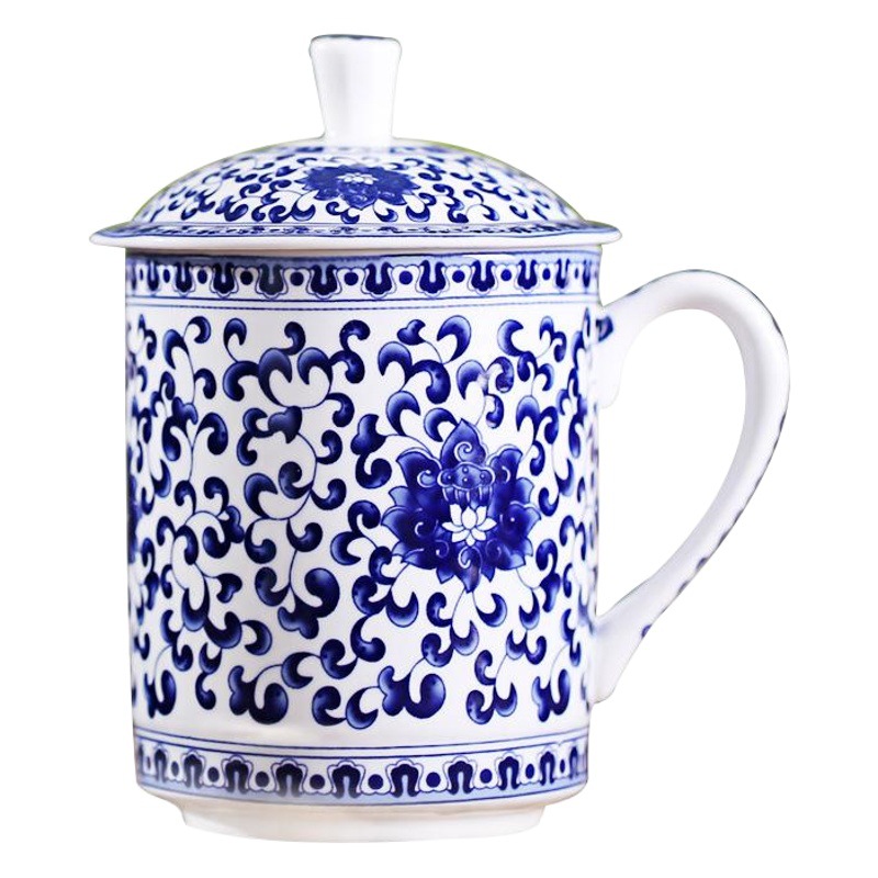 Jingdezhen Oficina de cerámica taza de té azul y blanco con tapa jefe taza hogar creativo taza de China de hueso taza de regalo de negocios lg