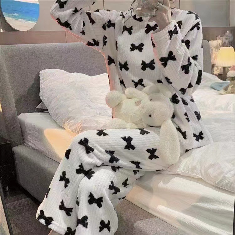 Autumn And Winter New Bow Print Warm Suit Fleece-lined Thick Casual Lazy Homewear Pajamas Loose And Warm
