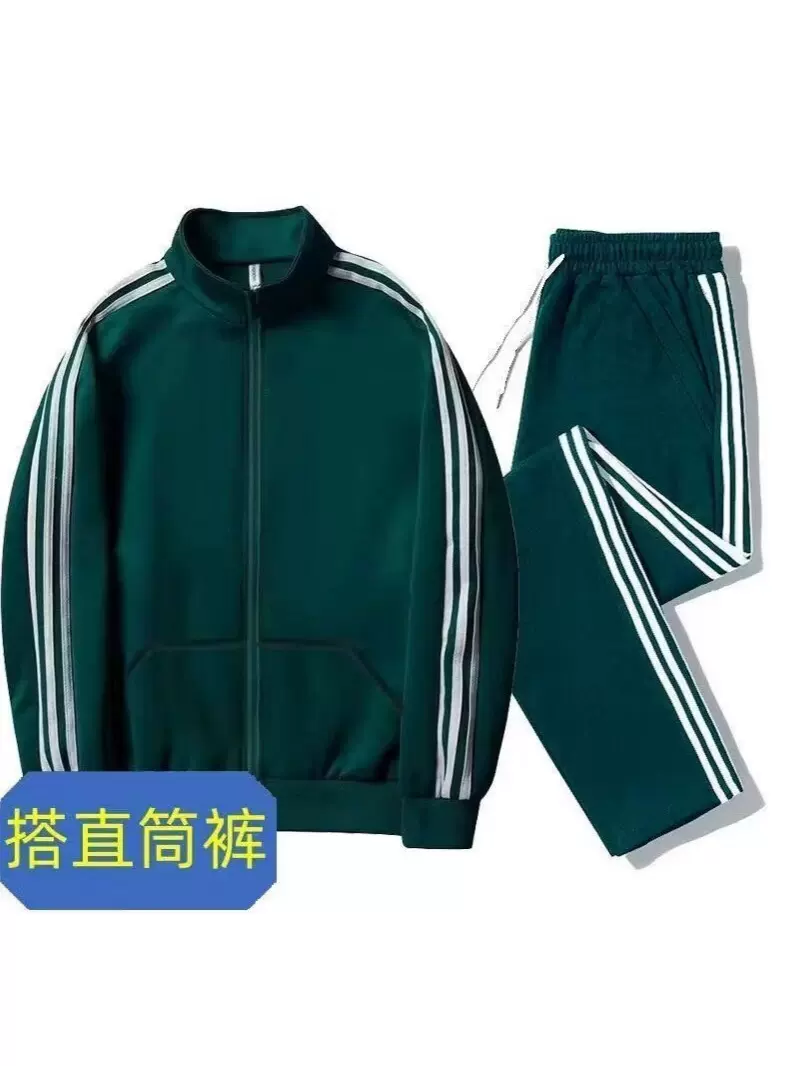 外贸春秋新款三条杠运动休闲套装男士立领外套长裤百搭宽松两件套