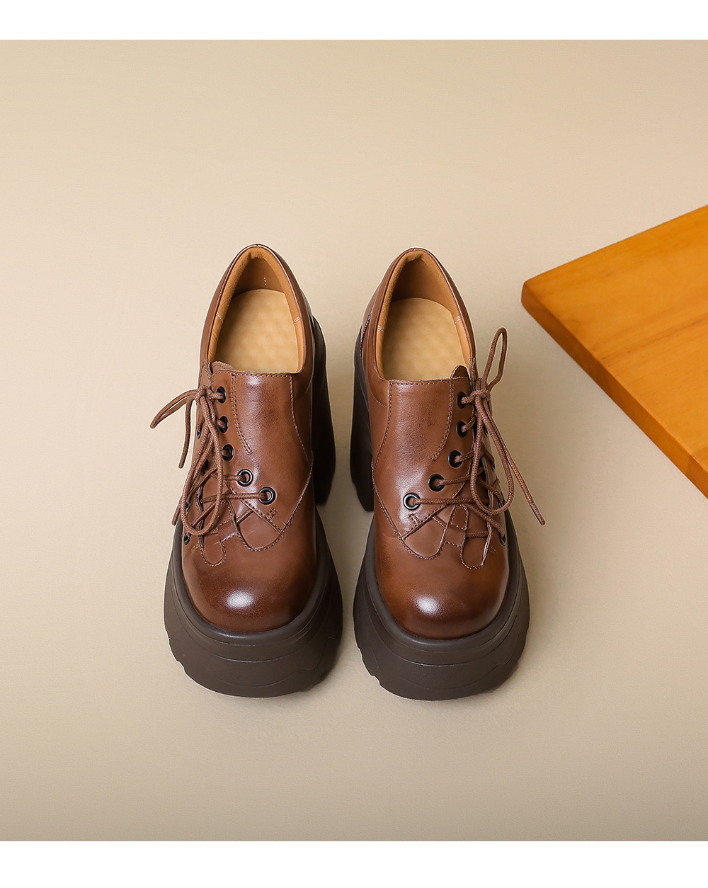Giày cao gót nữ da thật phong cách Anh quốc cổ điển gót vuông 12 cm đế platform — màu nâu chi tiết 14