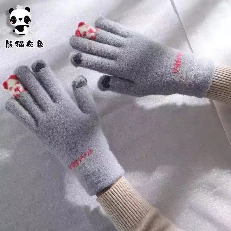 新款毛绒针织手套女加厚防寒冬季手套可爱卡通学生可触屏骑行手套|undefined