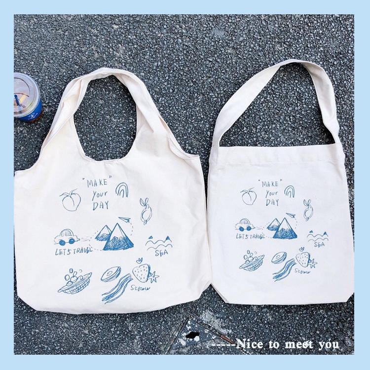 99304 ins single-shoulder hand-carry canvas bag, cute cartoon illustration tote bag for girls, student trend details Picture