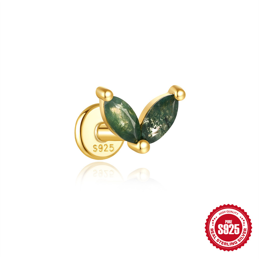 El nuevo s925 simple y moderno hierba de agua natural, uñas de hueso de oreja de ágata, personalidad de lujo ligera europea y americana, pendientes de piedra de musgo verde con incrustaciones