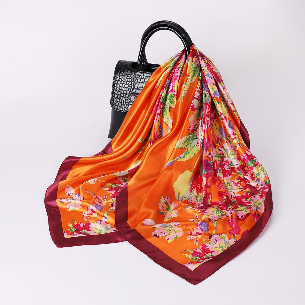 Summer, Spring, Autumn Season Women's Fashion Flower Satin Printing Silk Scarves