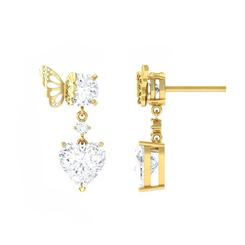 7g Weight 1 Pair Classic Style Heart Shape Butterfly Copper Zircon Drop Earrings