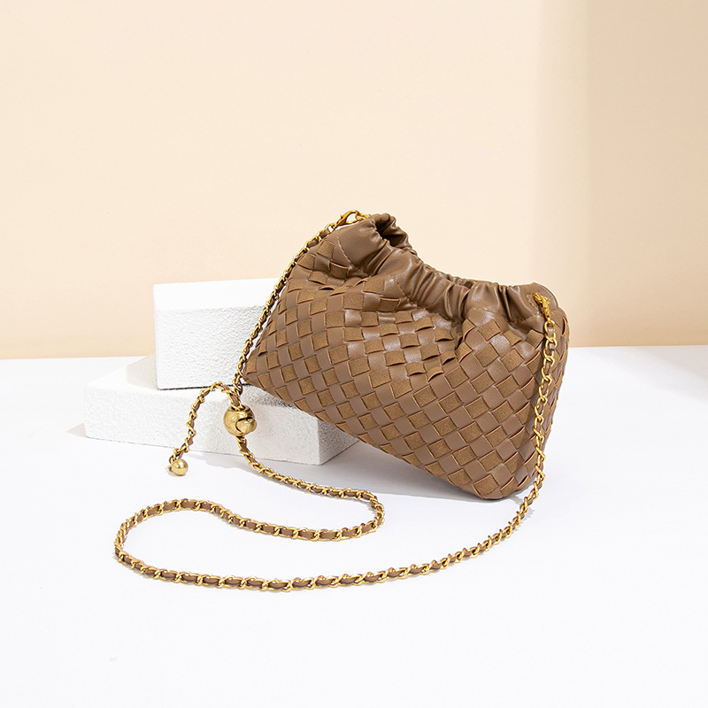 New Woven Cloud Bag With Gold Chain, Handmade Horizontal Shoulder & Crossbody Bag, Gold Ball Small Square Drawstring Pleated Bag - Thumbnail 3