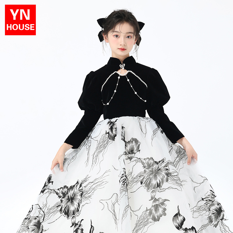 Vestido infantil vestido nuevo estilo chino tinta estilo vestido de alta gama vestido de princesa chica anfitriona de piano despeje