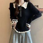 大码女装秋冬新款设计娃娃领边针织衫显瘦甜美打底毛衣潮