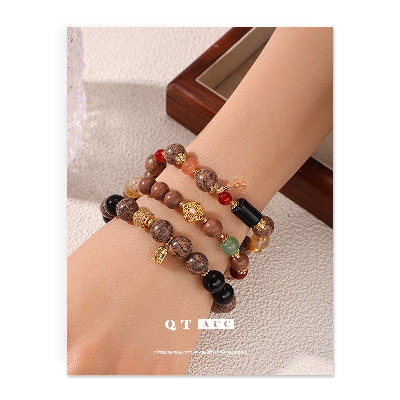 Nuevo estilo chino de perlas de arroz, ágata, cristal amarillo, obsidiana, piedra natural, pulsera de cuentas, pulsera de cuentas, mujer, jugar con perlas de Buda