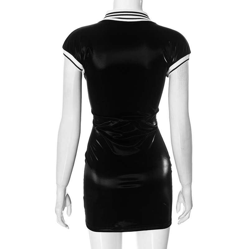 Women Clothing Fall Winter Lapels Color Contrast Patchwork Glossy Tight Fitting Cinched Sheath Dress
