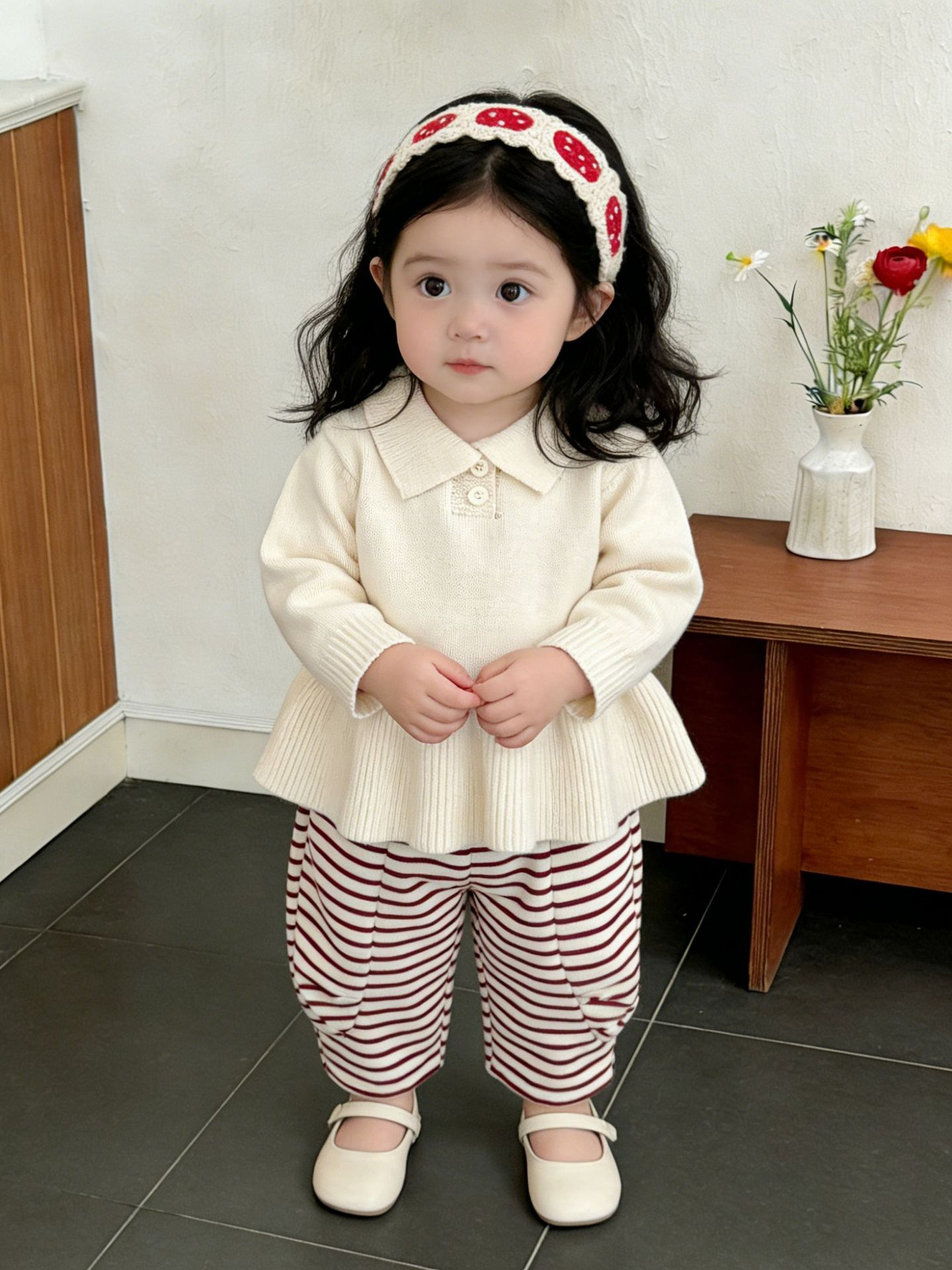 Vestido Tejido con Cuello Polo para Niñas de Acrílico, para Primavera y Otoño