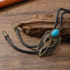 Woven necklace, metal golden turquoise pendant, tie, European style