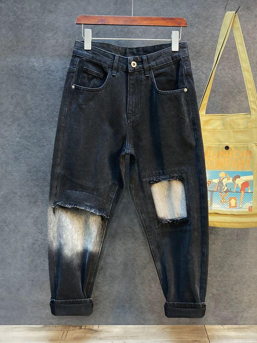 Herrenbekleidung, gewaschene, strapazierfähige, trendige Retro-Jeans, konisch zulaufende, lockere, gerade, lässige lange Hosen_voghion.com