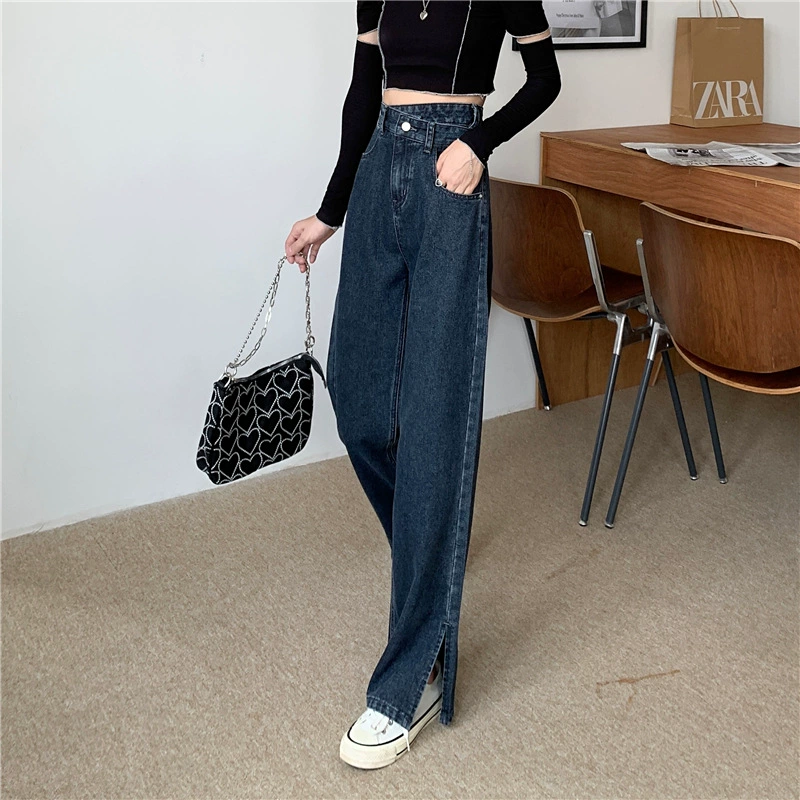Универсальные утягивающие джинсовые брюки с широкими разрезами в корейском стиле для женщин