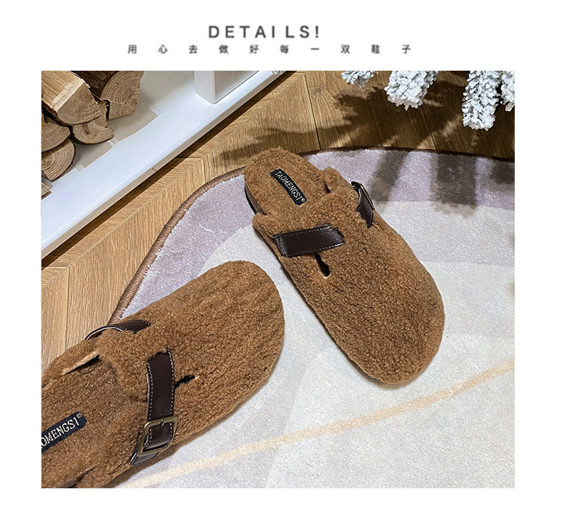 Dép nửa gót bít mũi lông xù kiểu Birkenstock cổ điển cho nữ, mũi tròn — Màu nâu, Màu trắng sữa, Màu đen chi tiết 15