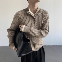 纯色亨利领麻花纹毛衣男秋冬季cleanfit宽松休闲慵懒风韩版针织衫