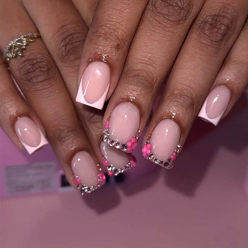 24 pieces wear nail short best seller in europe and america french white edge rhinestone hot girl nail patch cross-border finished product nail sticker