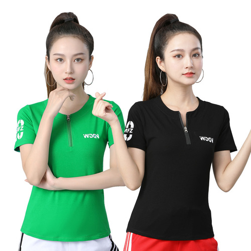2310 Style Women's Round Neck Zipper Short Sleeve Square Dance Top Fitness Running Wear Sportswear