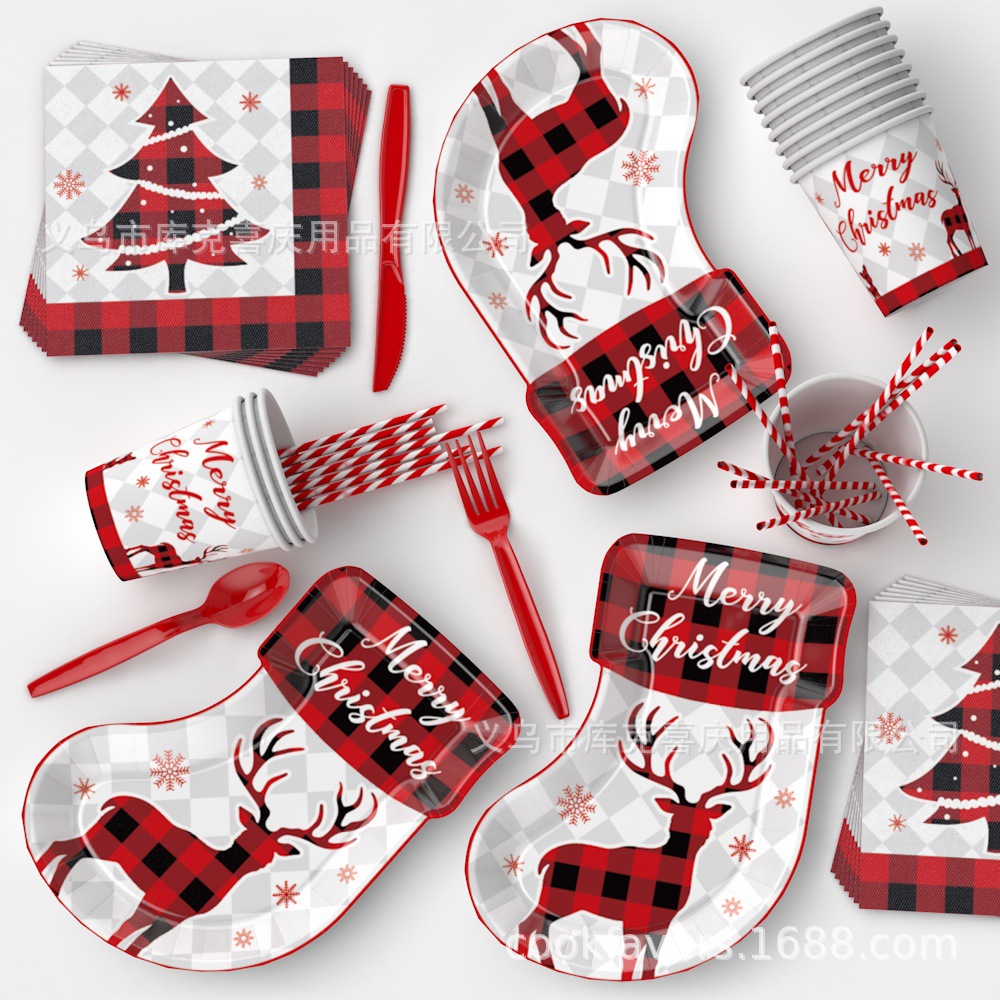 Nuevos tipos de medias de Navidad de forma alienígena platos de papel set de vajilla de Navidad vasos de papel desechables toallas de papel dibujo de bandera decoración de fiesta